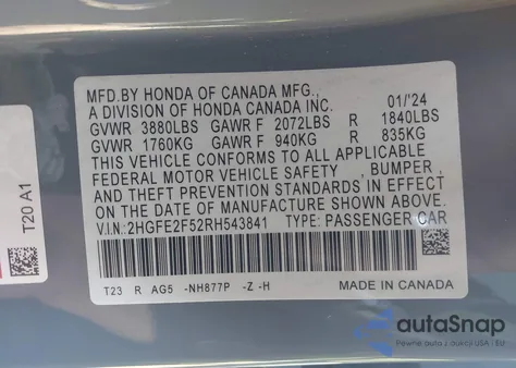 2024 Honda Civic Sport from USA, damaged, VIN 2HGFE2F52RH543841